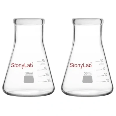 Imagen de stonylab Erlenmeyer Matraces, Paquete de 2 50 ml Boca Estrecha Muro Pesado Vidrio Borosilicato Matraz Cristalería Laboratorio