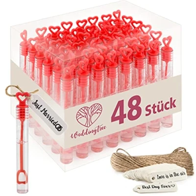 Imagen de WeddingTree 48 Pompas de Jabon Boda Rojas Pomperos con Mango en Forma Corazón para Bodas, Bautizos, Cumpleaños, San Valentín u Otras Celebraciones