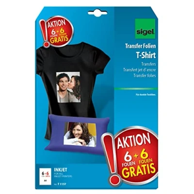 Imagen de SIGEL T1157 Hot Deal InkJet transfer para camisetas colores oscuros, 6 hojas papel de planchar incl., A4, 250 µm, 6+6