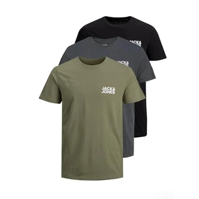Imagen de JACK &amp; JONES Camiseta para hombre con estampado en paquete de ventajas cuello redondo, logotipo JJECORP Tee SS Crew Neck, Pack 3 (asfalto, gris oscuro jaspeado, negro), XL