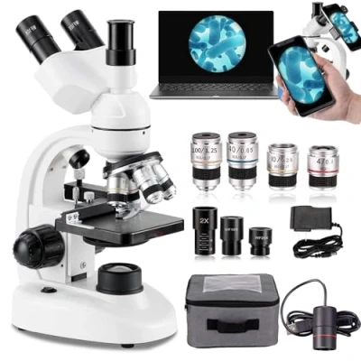 Imagen de Soflightmok Microscopio Trinocular Compuesto, Aumento De 40x 5000x, Led Compuesto Laboratorio Digital con Ocular ElectróNico/RotacióN 360/Etapa MecáNica,White