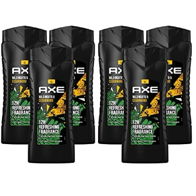 Imagen de AXE gel de ducha 3 en 1 y champú Wild Mojito &amp; Cedarwood XL, para hombre hombre, 6 x 400 ml, dermatológicamente probado, cuidado intensivo hombres, lavado corporal facial (6