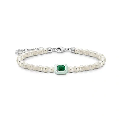 Imagen de THOMAS SABO A2096 082 6 L19v Pulsera de Plata ley 925 con perlas blancas y piedra verde esmaltada en frío, 16 19 cm, ley, Circonita cúbica