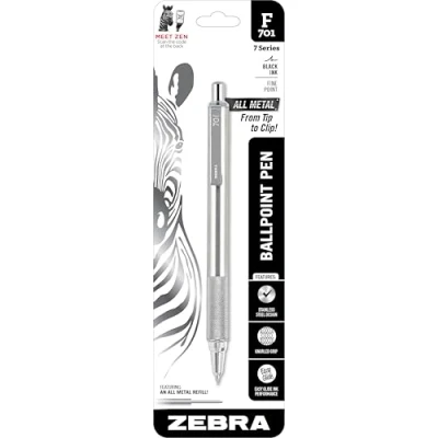 Imagen de Zebra Pen F 701 Bolígrafo retráctil, barril de acero inoxidable, punta fina, 0,8 mm, tinta negra, 1 paquete