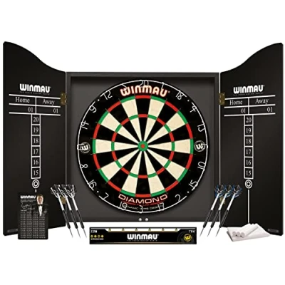 Imagen de WINMAU Juego de Dardos Profesional Que Incluye Diana cerdas Diamond Plus, gabinete Negro, 2 Juegos Dardos, línea Oficial Oche