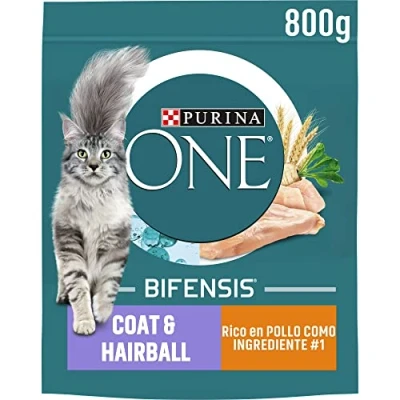 Imagen de Purina ONE Bifensis Comida Pienso para gato Adulto Pelaje y Bolas de Pelo con Pollo Cereales, 8 bolsas 800g
