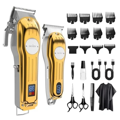 Imagen de Sejoy Cortapelos para hombre, cortadoras y recortadoras inalámbricas con pantalla LCD peines guía, kit de peluquería recargable cortar el cabello