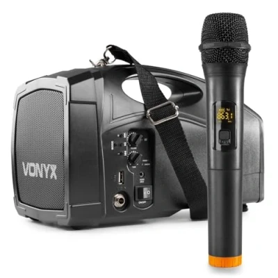Imagen de Vonyx ST014 Megáfono Portátil con batería y micrófono de Mano, Sonido 30W RMS, Receptor Bluetooth, Entrada Salida Jack, Puerto USB, Correa Transporte, Ideal Tours presentaciones