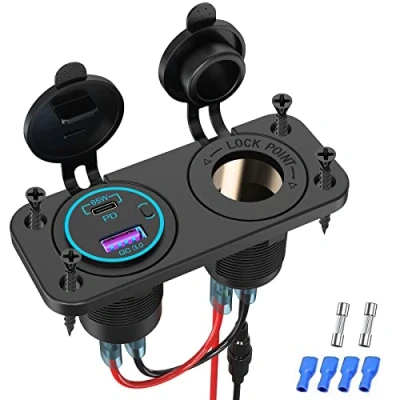 Imagen de Dual USB cargador socket 12V/24V toma de corriente con interruptor voltímetro LED impermeable encendedor cigarrillos zócalo carga rápida 3.0