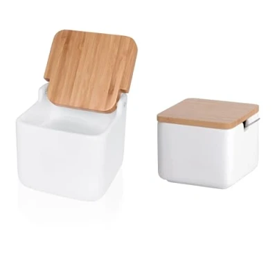 Imagen de KOOK TIME Set accesorios cocina incluye salero de con tapa basculante y azucarero original cerámica tapas madera bambú cucharilla Acero Inoxidable Blanco