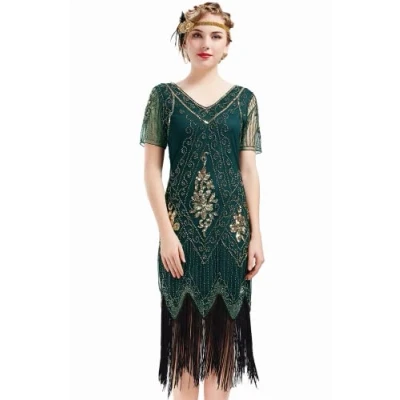 Imagen de ArtiDeco Vestido de Mujer Estilo años 20 con Mangas Cortas, Disfraz Gatsby para Fiestas temáticas Verde Oscuro L