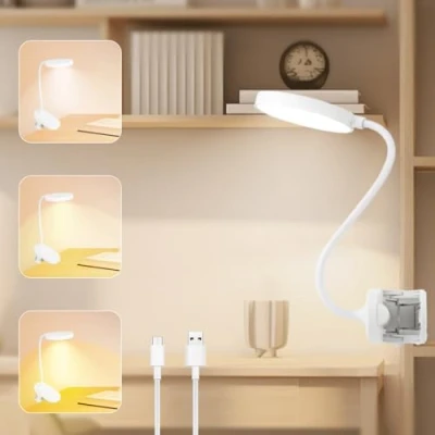 Imagen de KEWUZY Lampara con Pinza,20 LED Recargable Lectura Pinza Cabecero Cama,3 Colores y Regulable Brillo, USB Recargabilidad Lámpara de Escritorio Cuello Cisne,Para Cabecera, Oficina, Niños