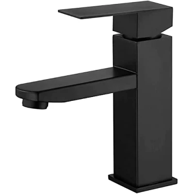 Imagen de grifo lavabo negro mate acero inoxidable monomando agua fria y caliente con mangueras incluidas baño