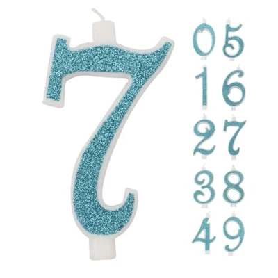 Imagen de IDEGOS Vela grande de 10 cm, velas cumpleaños número 7, 3D azul con purpurina, decoración pastel cumpleaños, boda (BLEU, 7)