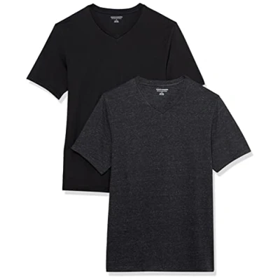 Imagen de Amazon Essentials Camisetas de manga corta con cuello pico y corte ajustado Hombre, Pack 2, Carbón Mezcla/Negro, L