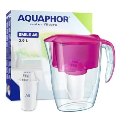 Imagen de AQUAPHOR Jarra Filtrante de Agua Smile 2.9L, Apta para Puertas Frigorífico, Ligera, Ahorra Espacio, Incluye 1 x Filtro A5 350L, Reduce Cal, Cloro y Microplásticos Rosa