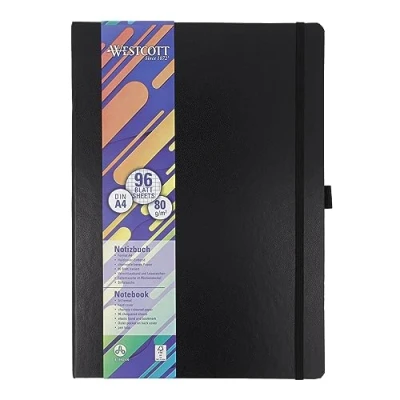 Imagen de Westcott Cuaderno DIN A4 cuadriculado 192 páginas en una elegante tapa dura 80 g/m² de papel sostenible FSC mix con bolsillo interior, marcapáginas y portabolígrafos E 744829 00