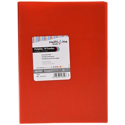 Imagen de Grafoplás 1431751. Carpeta de 10 Fundas Transparentes, Tamaño Folio, Color Rojo, Poliplás Multiline