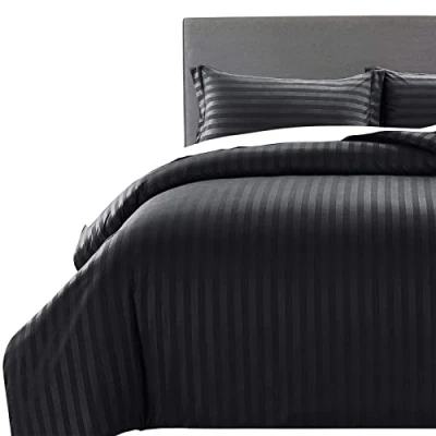 Imagen de MOONLIGHT20015 Juego de funda edredón tamaño King, juegos ropa cama satén a rayas calidad hotel con 2 fundas almohada, reversibles, suaves y transpirables (negro, King)