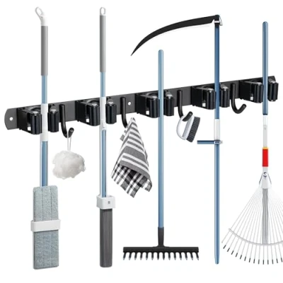 Imagen de YOCOLE Colgador Escobas y Fregonas, Soporte Pared Acero Inoxidable con Ganchos, Autoadhesivo o Perforado (Tornillos Incluidos) para Cocina, Baño, Garaje Jardín, Color Negro