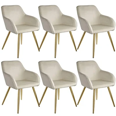 Imagen de tectake® Juego de Sillas Tapizadas en Terciopelo, Comedor Ergonómicas y Versátiles, Gran Estabilidad Capacidad Carga, Cocina Elegantes 6 Crema/Oro