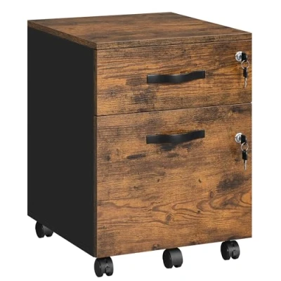 Imagen de VASAGLE Archivador Móvil con Cerradura, Pequeño Armario de Oficina 2 Cajones, 5 Ruedas, Barras Colgantes Ajustables, A4, Archivo Colgante Tamaño Carta, Marrón Rústico y Negro Tinta LCD022K01