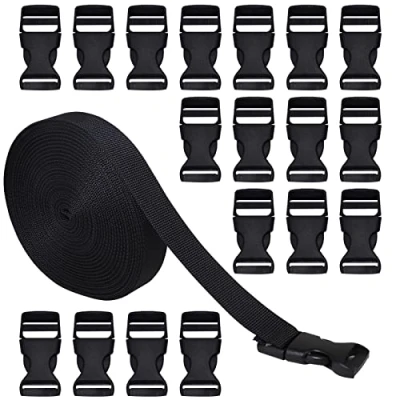 Imagen de RETON 20MM 10 Yardas Negro Correa de Nylon Correas + 20 Piezas Hebillas Ajustables plástico Lateral liberación (20MM, Piezas)