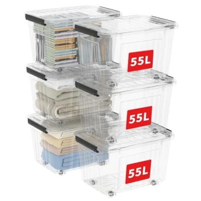 Imagen de Cetomo 55L*6 Cajas de Almacenamiento con Tapas, Contenedores Plástico Ruedas, Clip On, Apilables, Encajables, Organizador Rayado para Oficina en Casa, Transparente, 55L 6 Pack