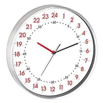 Imagen de TFA Dostmann Reloj de Pared analógico con Pantalla 24 Horas, 60.3069.02, números Rojos y Minutos Negros, Marco Aluminio, Cubierta Cristal, Color Blanco
