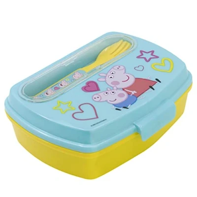Imagen de Fiambrera rectangular para el almuerzo infantil con cubiertos de Peppa Pig