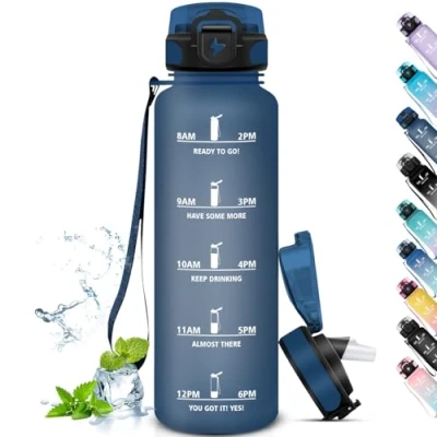 Imagen de Grsta Botella Agua, Agua Gimnasio con Pajita, 1 Litro, Fácil de Limpiar, Reutilizable a Prueba Fugas, Motivacional para Gimnasio, Yoga, Correr, Naviblue