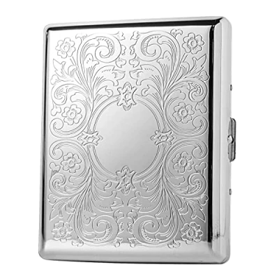 Imagen de Pitillera de metal retro, para mujeres y hombres, portátil, con clip resorte doble cara, bolsillo abierto, capacidad 20 cigarrillos tamaño regular 100 mm (plata)