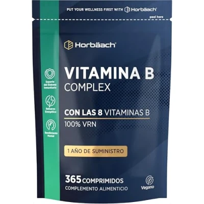 Imagen de Vitamina B Complex 1 Año de Suministro 365 Comprimidos Veganos Complejo Completo con B1, B2, B3, B5, B6, Biotina, Ácido Fólico y B12 + Bitartrato Colina Horbaach