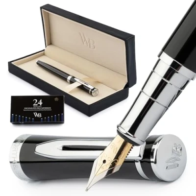 Imagen de Wordsworth &amp; Black Juego de plumas estilográficas, pluma dorada fina 18 quilates, 24 cartuchos tinta, convertidor recarga y estuche regalo, para caligrafía, cromado negro