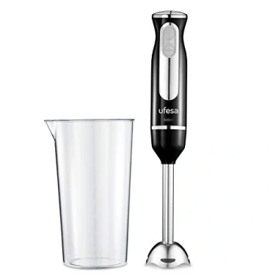 Imagen de Ufesa BP3442 Batidora de Mano, 600 W, Función Turbo, 2 Cuchillas y Pie en Acero Inoxidable, Diseño Ergonómico Anti Salpicaduras, Vaso Medidor Incl., Sin BPA, Color Negro (Black)