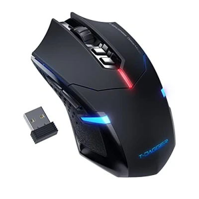 Imagen de T DAGGER Ratón inalámbrico para Juegos Ratones inalámbricos USB computadora con retroiluminación LED roja, Mouse ergonómico silencioso Laptop 7 Botones de Clic silenciosos, 5 dpi
