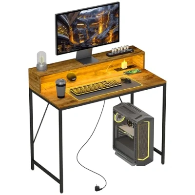 Imagen de HOMCOM Escritorio Industrial Mesa con Luces LED Tomas de Corriente Soporte para Monitor y Control Remoto Ordenador Oficina Estudio 100x50x90,5 cm Marrón Rústico