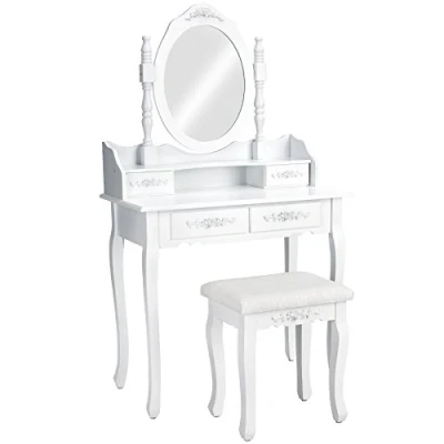Imagen de TecTake Mesa de Maquillaje tocador con Taburete Espejo y cómoda 4 cajones Blanco