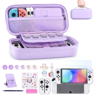 Imagen de innoAura Paquete de Accesorios NS Switch OLED Funda 18 en 1 Carcasa Juegos Switch, Protector Pantalla, Soporte Grips Mando Switch,Púrpura
