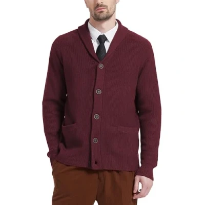 Imagen de Kallspin Jersey Cárdigan Cuello Chal para Hombre, Mixto de Lana Merino, Punto Suave, con Bolsillos y Botones (Borgoña, XL)