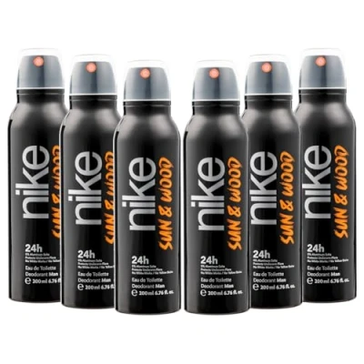Imagen de NIKE Sun &amp; Wood, Desodorante Hombre Spray, Pack de 6 x 200 ml, Antimanchas para Todo Tipo Piel, 0% Sales Aluminio, Larga Duración, Fragancia Amaderada Frutal Ambarada