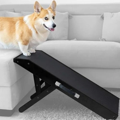 Imagen de Rampa para Perros pequeños o Grandes Ajustable 18 53 cm Cama y sofá Madera de Abedul La Plataforma se Conecta Perfectamente Superficie Antideslizante Negro