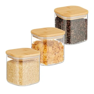 Imagen de Relaxdays Botes Cristal con Tapa Bambú, Set de 3, Recipientes Cuadrados 600 ml, Tarros Herméticos, Transparente/Natural