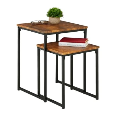 Imagen de Relaxdays Mesas Auxiliares, Pack de 2, Mesitas Salón, Diseño Nido, 2 Tamaños y Apilables, Metal, Marrón Negro, Tablero Fibras, 54 x 40 cm