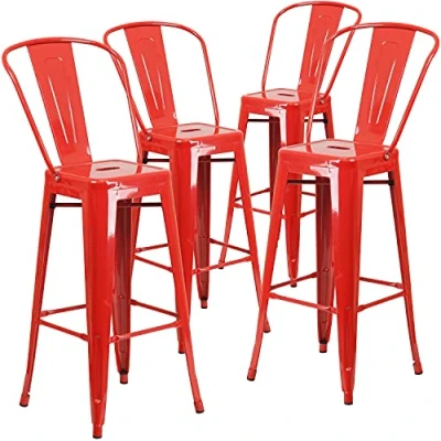 Imagen de Flash Furniture Taburete de Bar Lily Calidad Comercial, Paquete 4, 30 Pulgadas Alto, Metal Rojo, para Interiores y Exteriores, con Respaldo extraíble