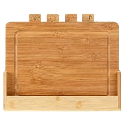 Imagen de FLORINA Juego de 4 Tablas Cortar Bambú con Soporte CHEF I Bloques Corte Natural Canaletas Para Jugos Antibacterianas Queso, Carne, Frutas, Verduras