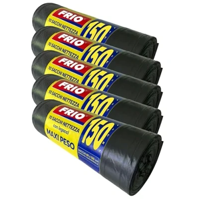 Imagen de FRIO 50 bolsas de basura negras grandes, 150 litros, sacos residuos comunitarios MAXI PESO para cubo basura, reciclaje, con asas cierre; 80x120 cm, multicapa, resistentes