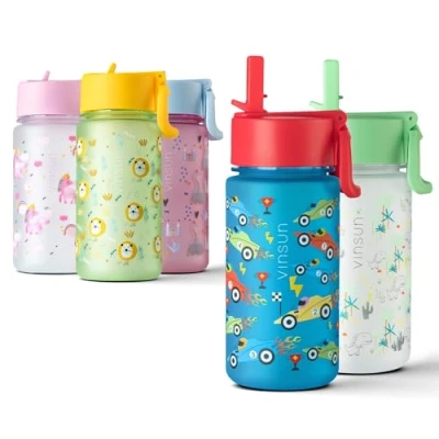 Imagen de VINSUN Botella Agua Niños con Pajita 500ml Tritan sin BPA, prueba de fugas, reutilizable Cantimplora Infantil azul para Guardería, Escuela, Deporte