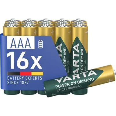 Imagen de VARTA Pilas AAA, recargables, paquete de 16, Recharge Accu Power on Demand, batería recargable, 1000 mAh Ni MH, sin efecto memoria, precargadas, listas para usar
