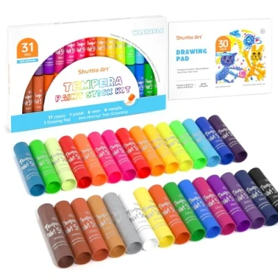 Imagen de Shuttle Art Tempera Solida en Barra, 30 Colores Sólidos para Niños con 1 Bloc de Dibujo, Secado Súper Rápido, No Tóxico, Pinturas Temperas Funciona Genial Papel Madera Lienzo